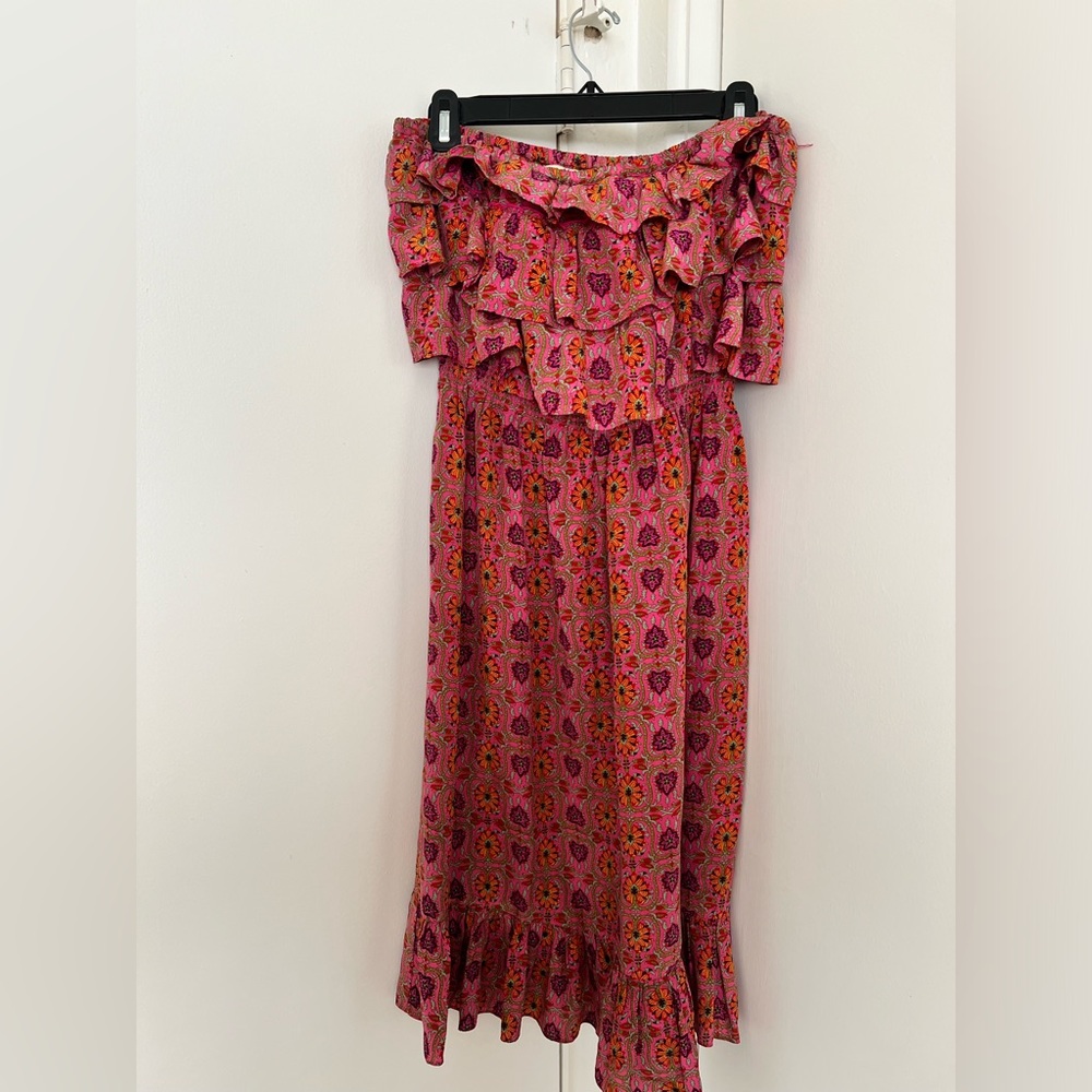 Rebecca Taylor Silk Strapless Ruffle Smocked Midi Sun Dress Size 12 $250
